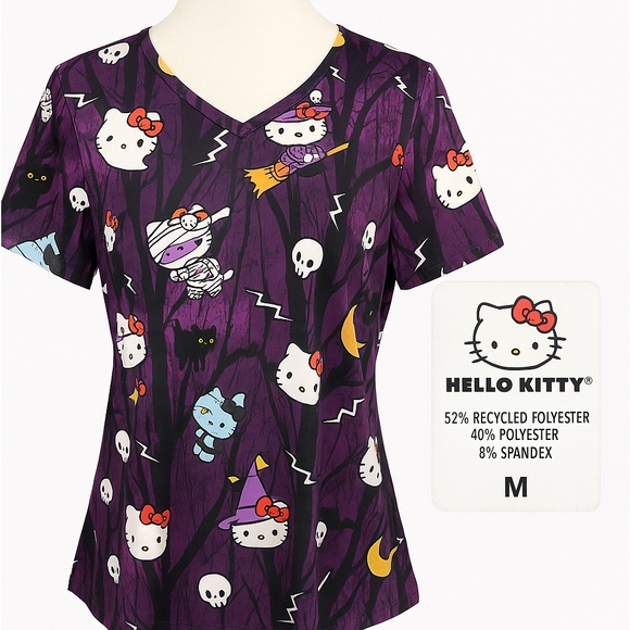 Hello Kitty Halloween Scrub Top Purple Ghost Witch Mummy Cats Skulls Sz L - Picture 1 of 6